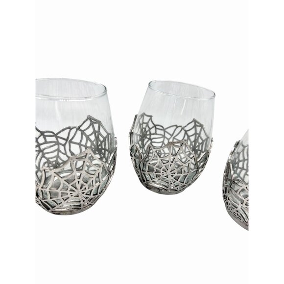 NWT SET OF 3 LARGE SILVER METAL SPIDERWEB STEMLESS WINE WATER GLASSES HALLOWEEN - Picture 5 of 7